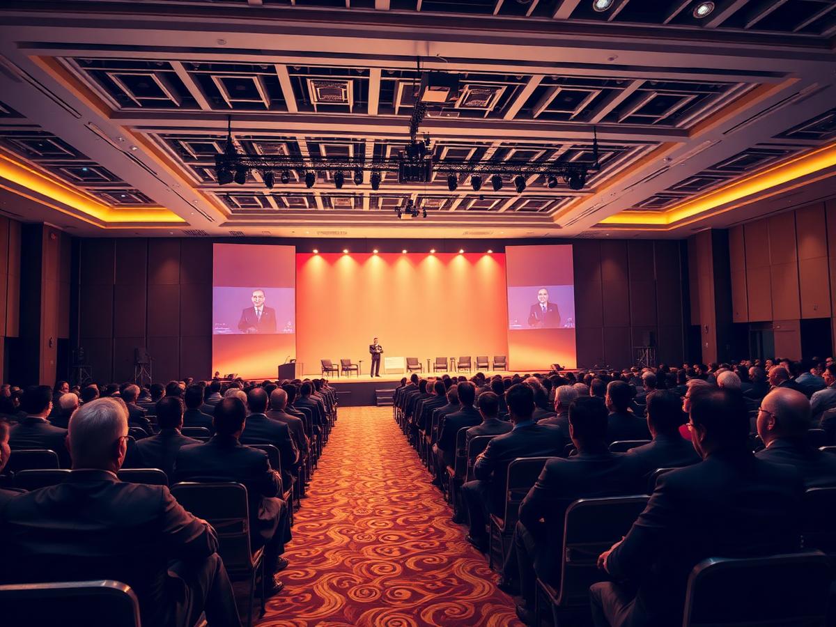 Delegates seated at a large conference with a lit main stage