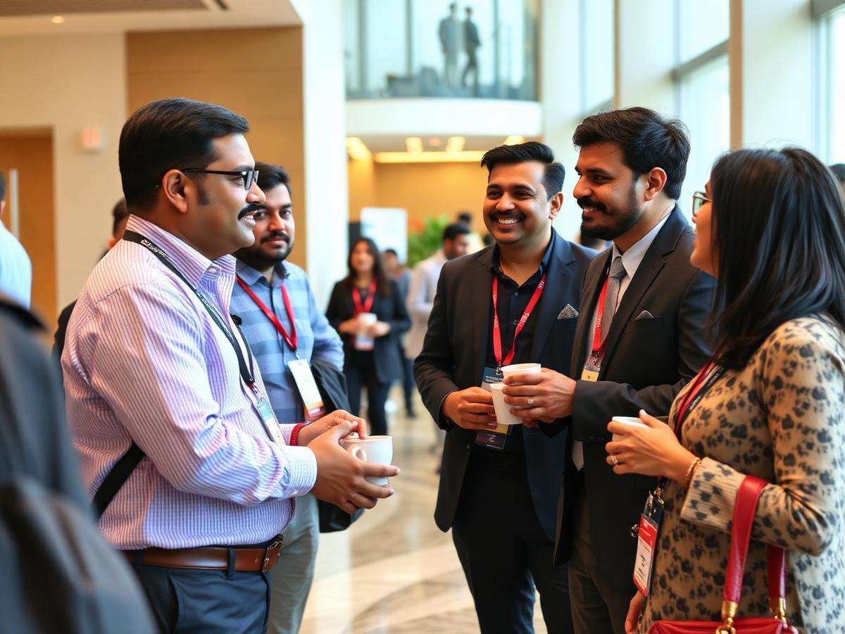 Business professionals networking over coffee at a venue foyer