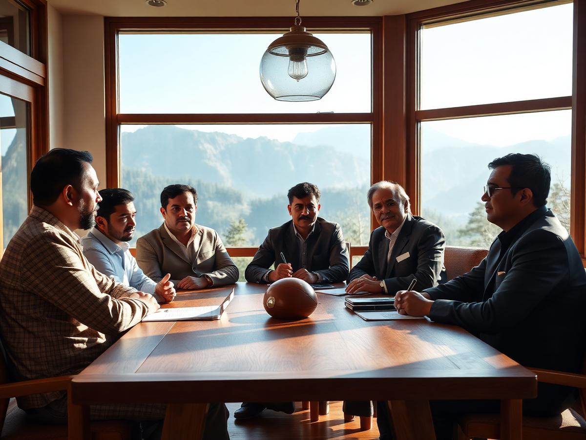 Leadership team meeting in a mountain-view resort boardroom