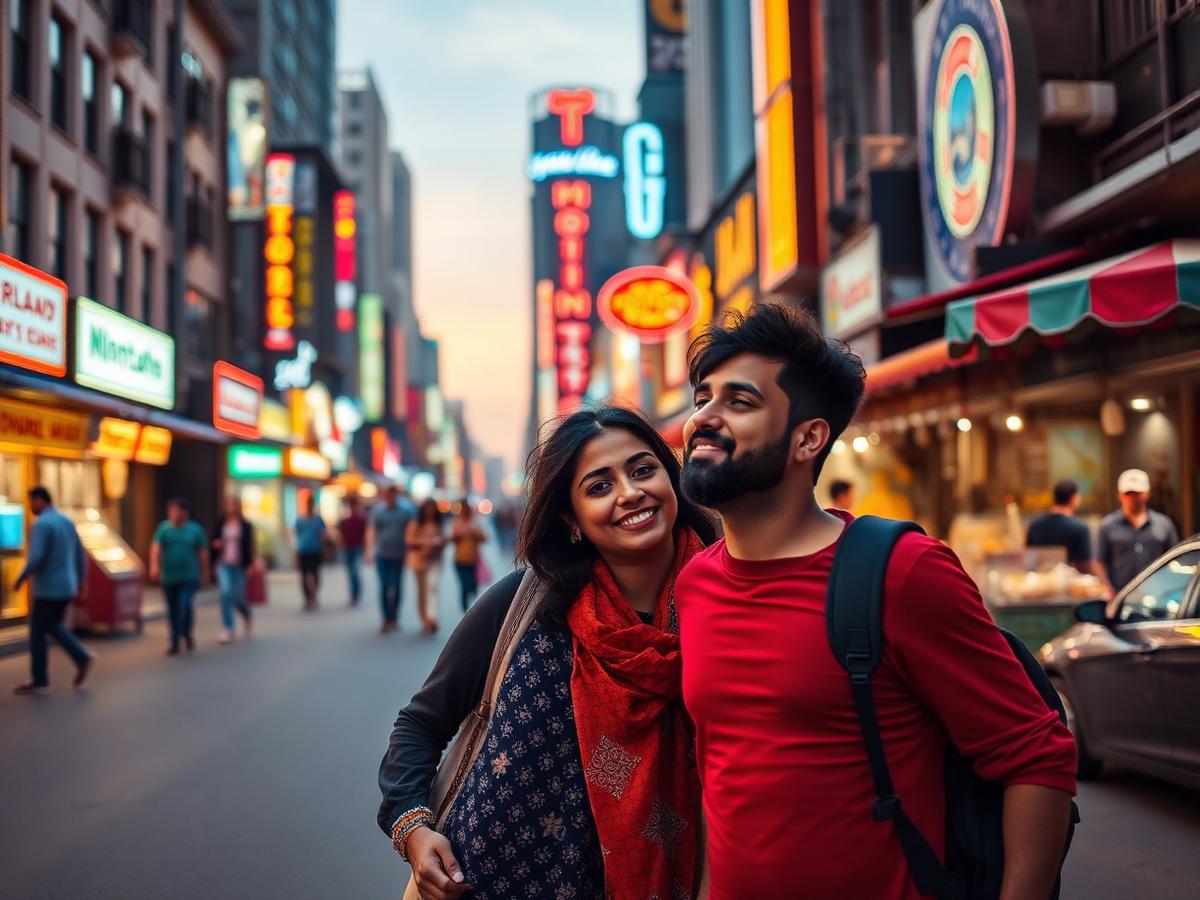 Friends exploring a neon-lit city street at dusk