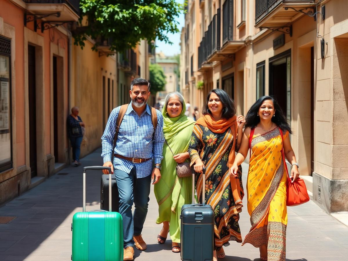 Family walking a sunlit European old-town street on holiday