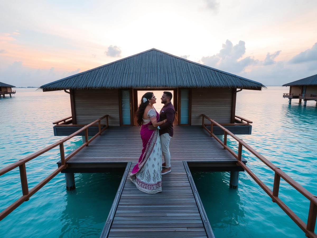 Couple on an overwater villa deck at sunrise