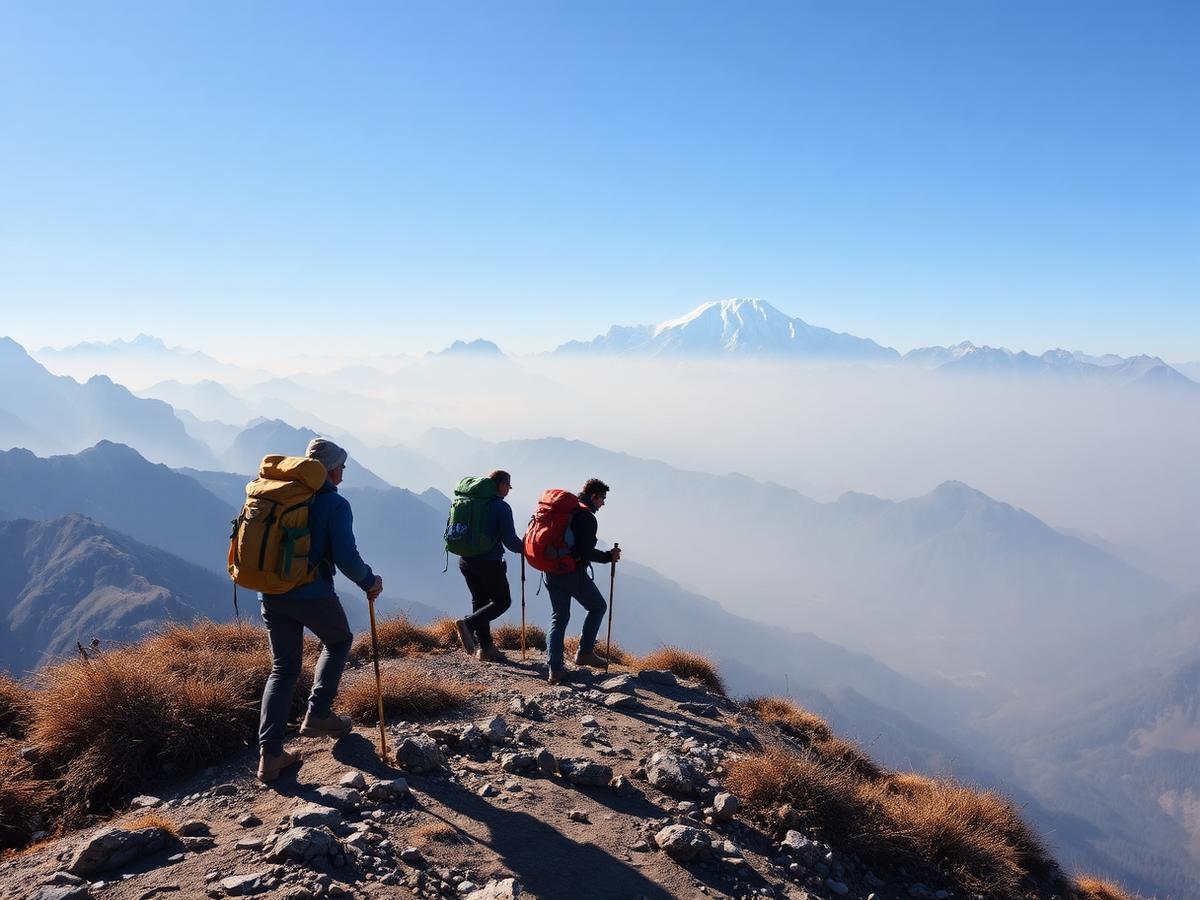 Trekkers on a high mountain ridge with snow peaks behind